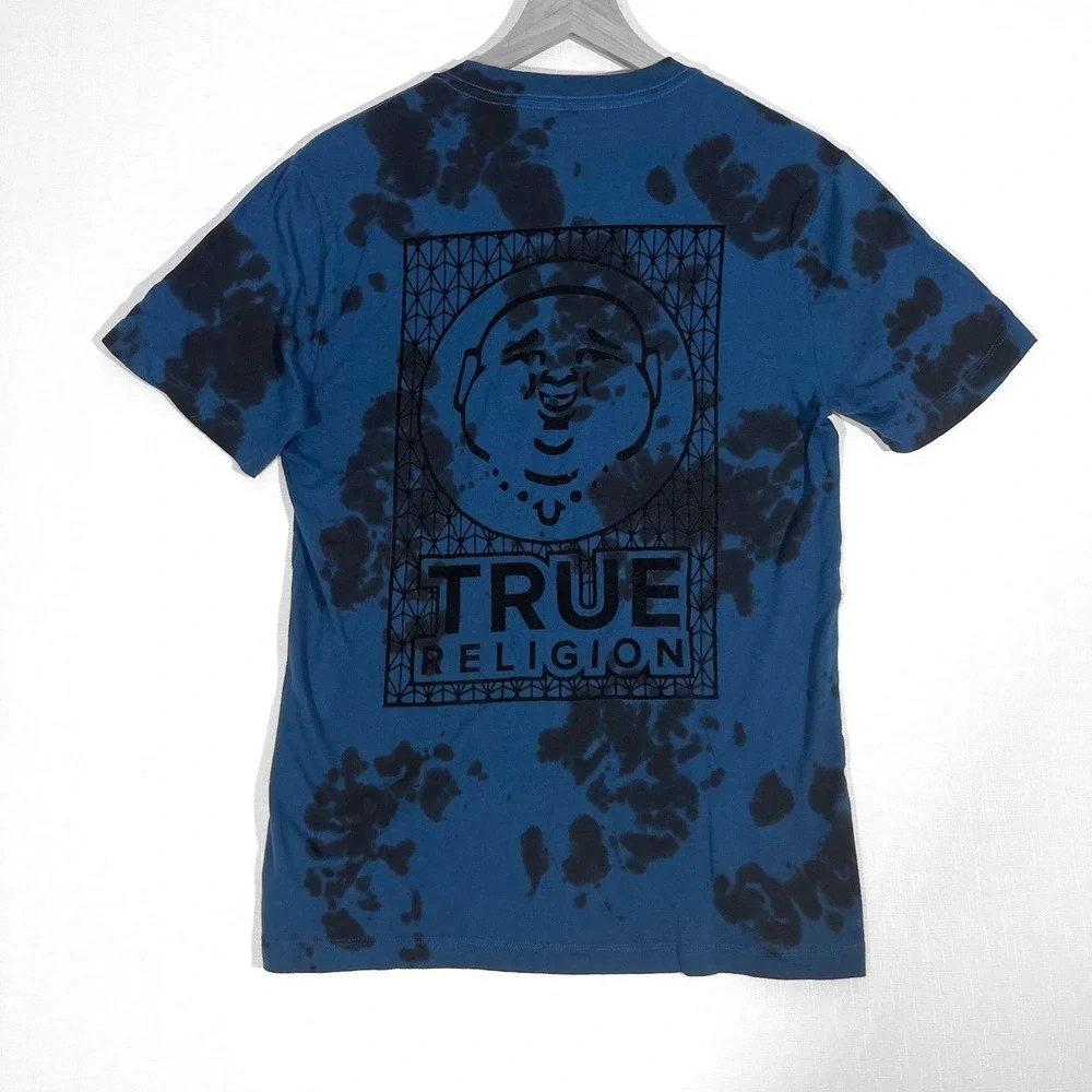 True Religion Tie Dye BUDDHA LOGO T-Shirt Streetwear Y2K Mens Small Blue Black‎